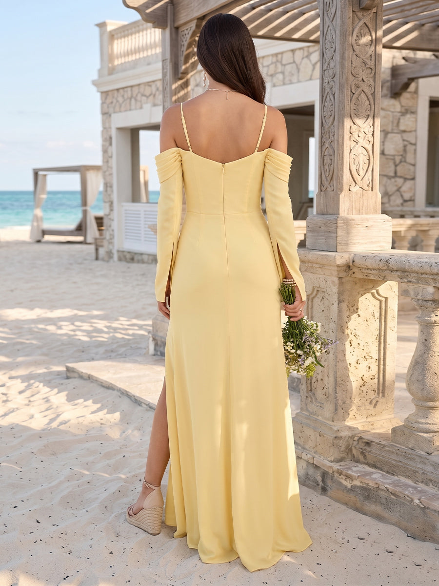 Sheath/Column Off-the-Shoulder Long Sleeves Floor-Length Bridesmaid Dresses With Ruched & Split Side