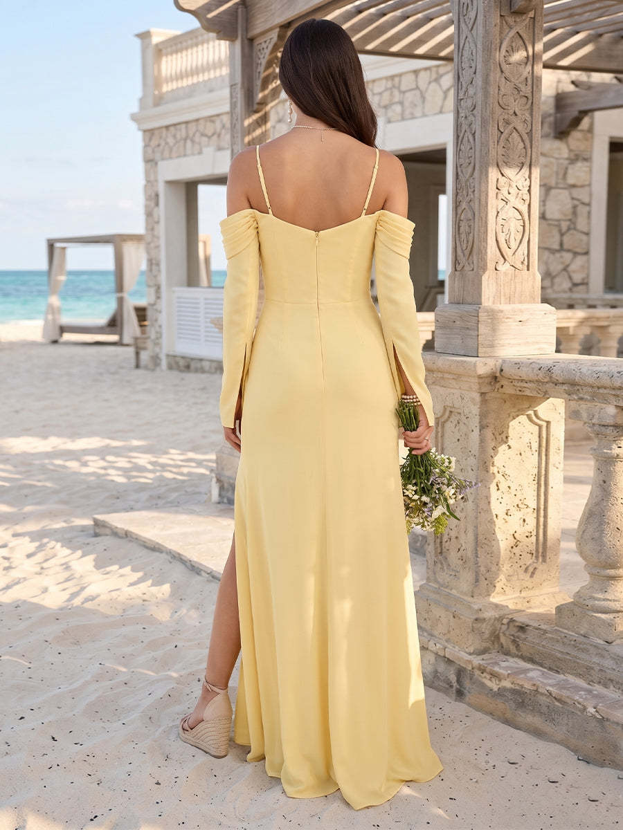 Sheath/Column Off-the-Shoulder Long Sleeves Floor-Length Bridesmaid Dresses With Ruched & Split Side