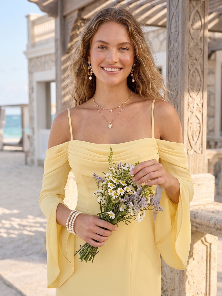 Sheath/Column Off-the-Shoulder Long Sleeves Floor-Length Bridesmaid Dresses With Ruched & Split Side