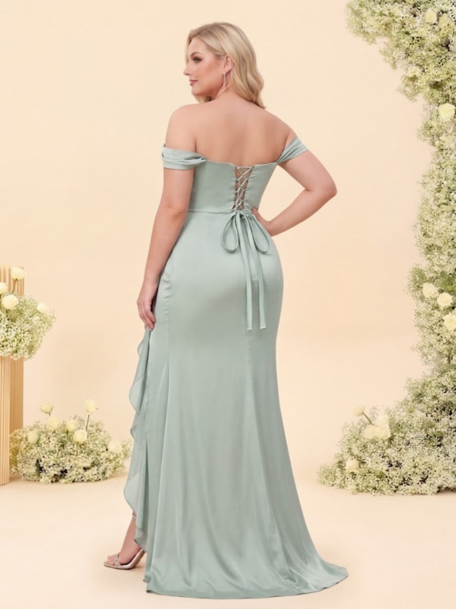 Sheath Column Off the Shoulder Ruched Long Plus Size Bridesmaid Dresses with Ruffles