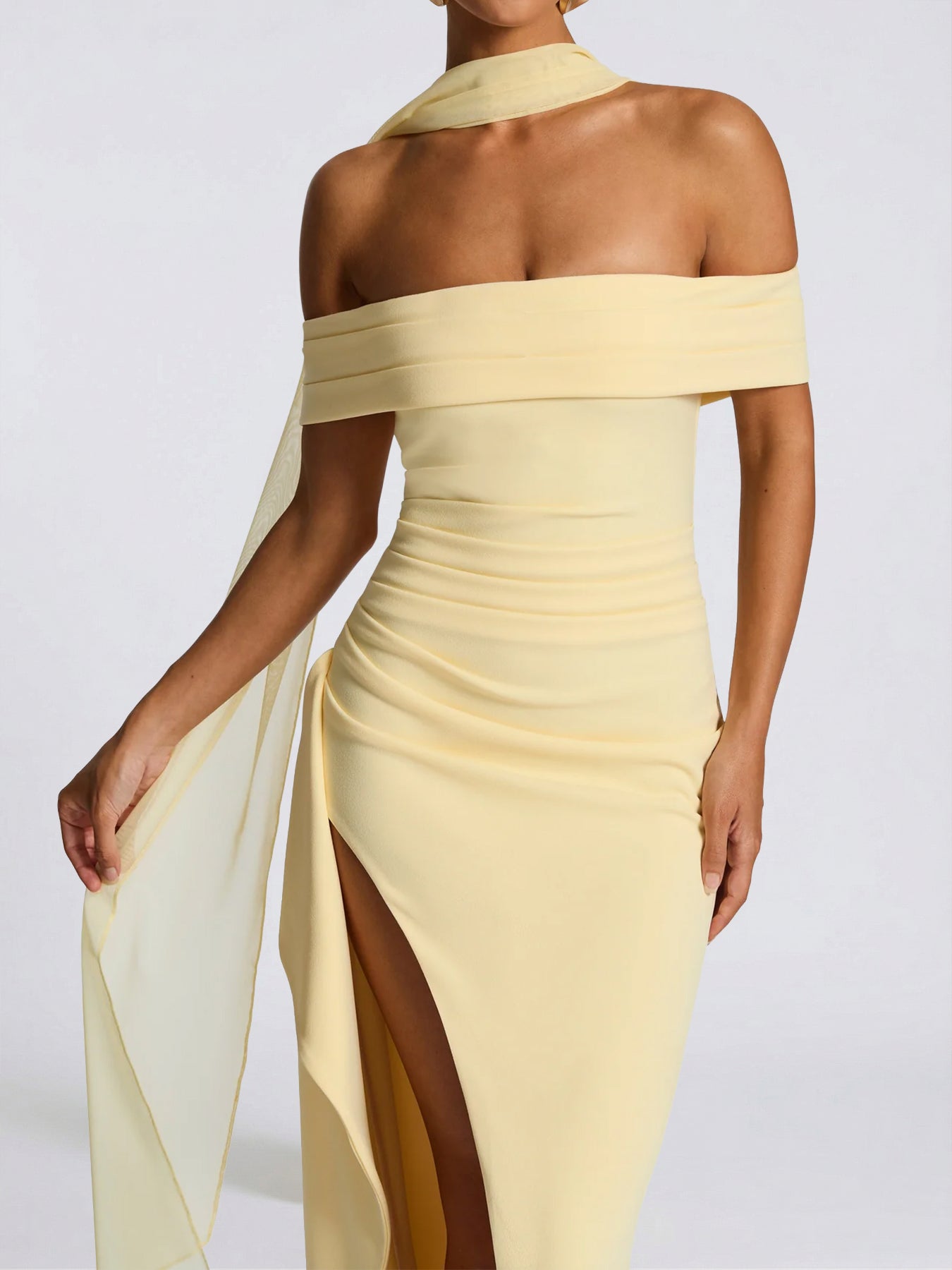 Sheath Column Off the Shoulder Scarf Wrap Floor Length Bridesmaid Dresses with Pleats Split Side
