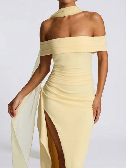 Sheath Column Off the Shoulder Scarf Wrap Floor Length Bridesmaid Dresses with Pleats Split Side