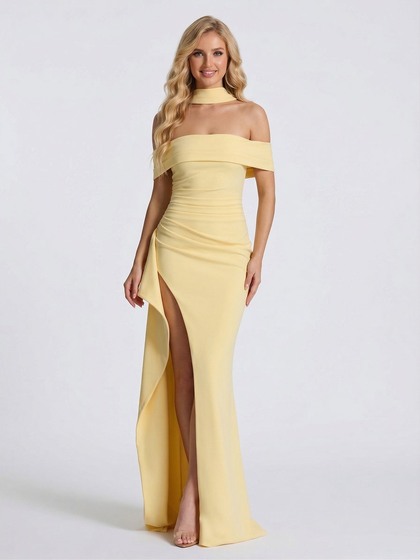Sheath Column Off the Shoulder Scarf Wrap Floor Length Bridesmaid Dresses with Pleats Split Side