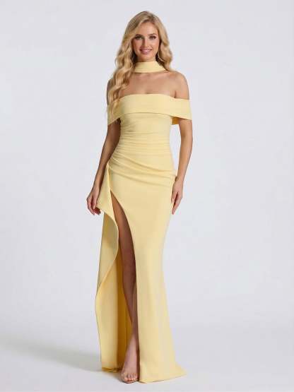 Sheath Column Off the Shoulder Scarf Wrap Floor Length Bridesmaid Dresses with Pleats Split Side