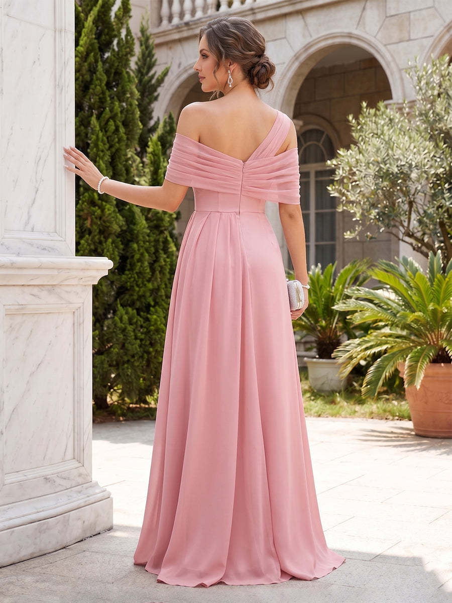 Sheath/Column Off-the-Shoulder Sleeveless Bridesmaid Dresses With Split Side & Ruched