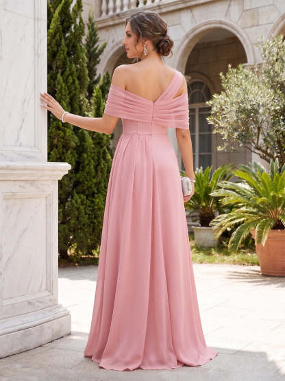 Sheath/Column Off-the-Shoulder Sleeveless Bridesmaid Dresses With Split Side & Ruched