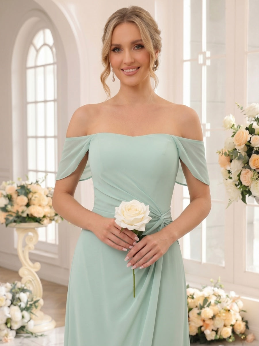 Sheath/Column Off-the-Shoulder Sleeveless Floor-Length Bridesmaid Dresses with Ruched