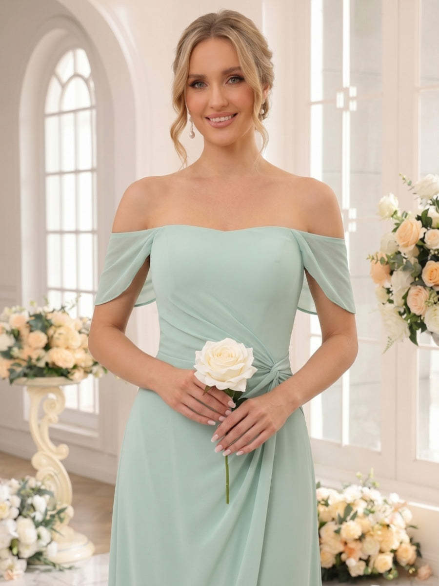 Sheath/Column Off-the-Shoulder Sleeveless Floor-Length Bridesmaid Dresses with Ruched
