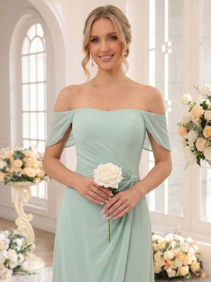 Sheath/Column Off-the-Shoulder Sleeveless Floor-Length Bridesmaid Dresses with Ruched