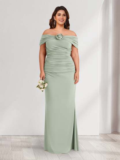 Sheath/Column Off-the-Shoulder Sleeveless Ruched Plus Size Bridesmaid Dresses with 3D Floral