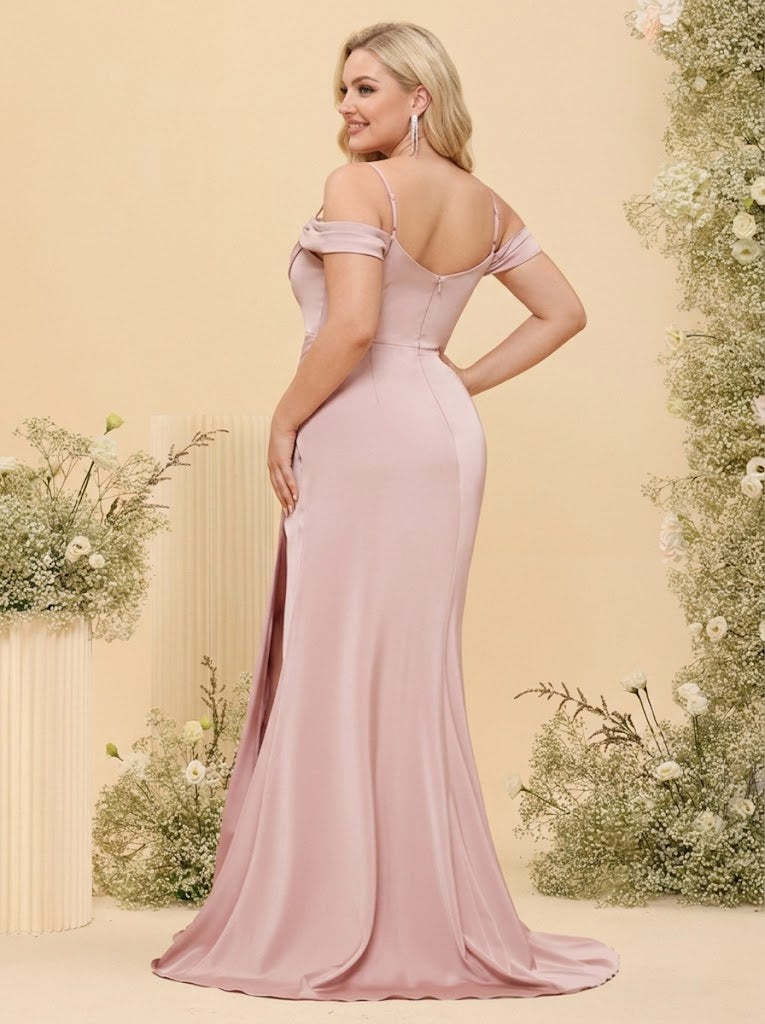 Sheath/Column Off-the-Shoulder Spaghetti Straps Long Formal Plus Size Dresses with Split Side
