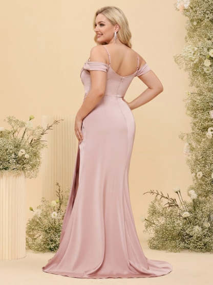 Sheath/Column Off-the-Shoulder Spaghetti Straps Long Formal Plus Size Dresses with Split Side