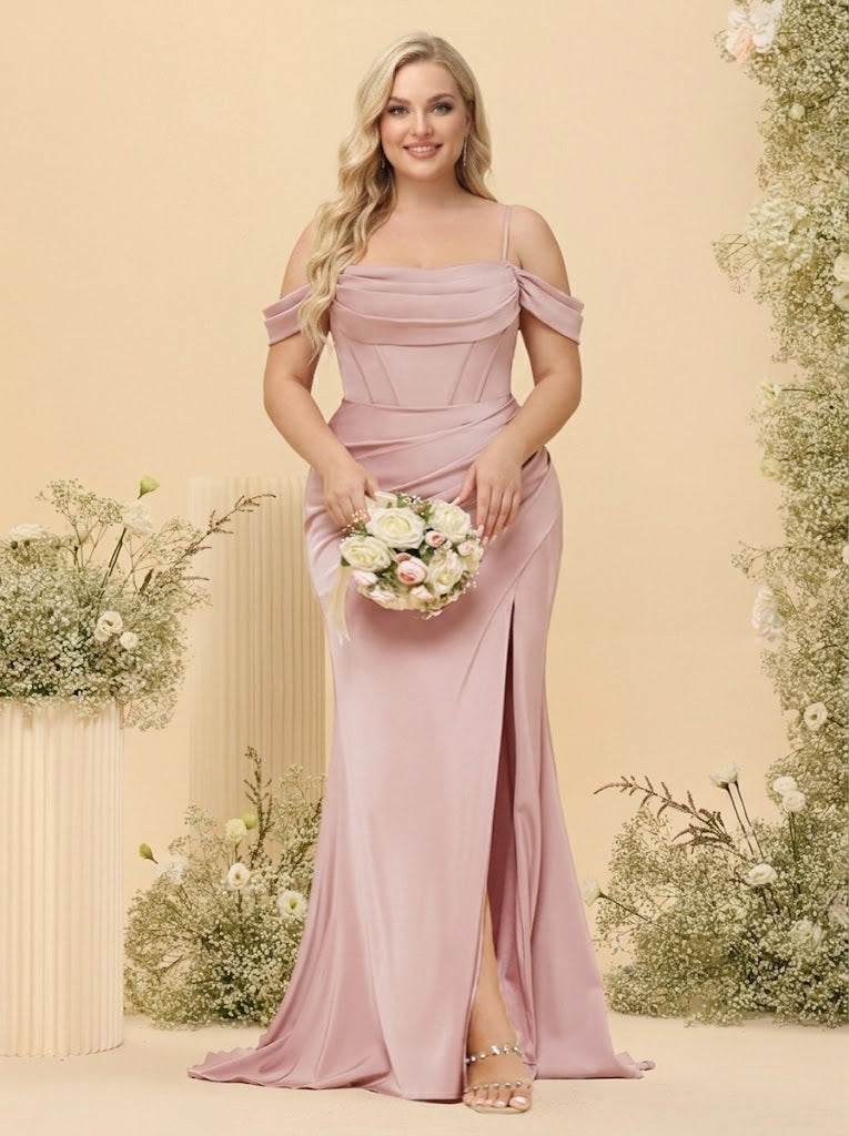 Sheath/Column Off-the-Shoulder Spaghetti Straps Long Formal Plus Size Dresses with Split Side
