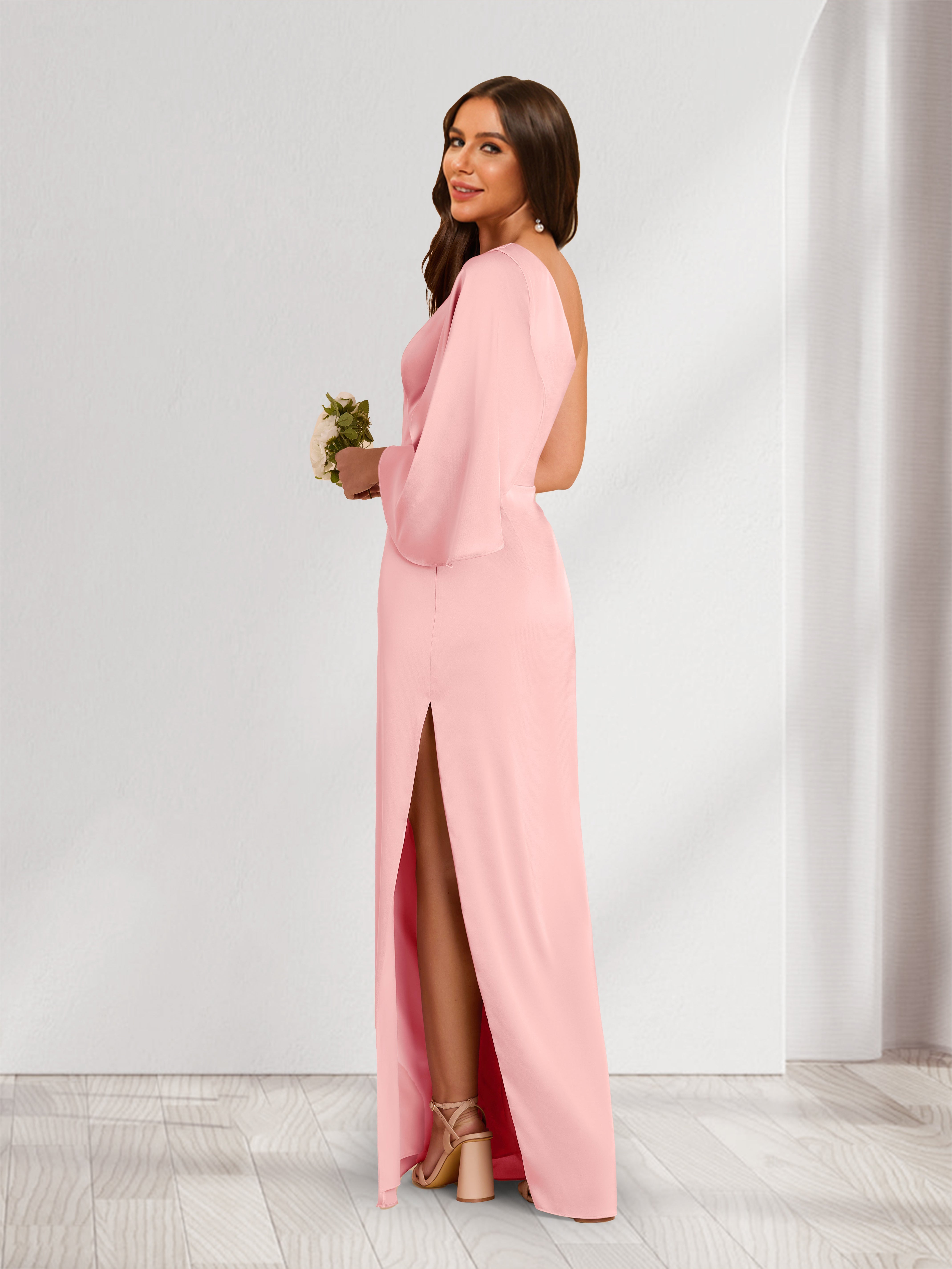 Sheath/Column One-Shoulder 3/4 Sleeves Bridesmaid Dresses with Split Side