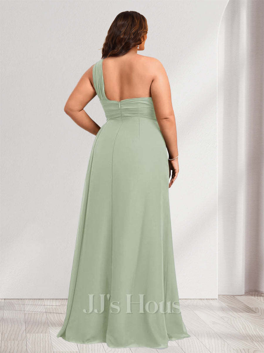 Sheath/Column One-Shoulder Floor-Length Plus Size Bridesmaid Dresses with Ruched & Split Side