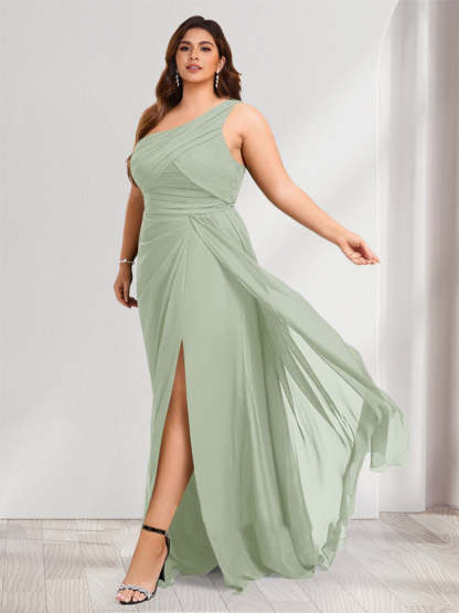 Sheath/Column One-Shoulder Floor-Length Plus Size Bridesmaid Dresses with Ruched & Split Side