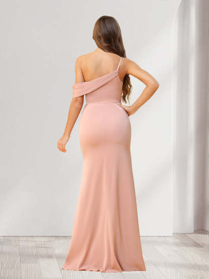 Sheath/Column One-Shoulder Floor-Length Ruched Bridesmaid Dresses with Split Side