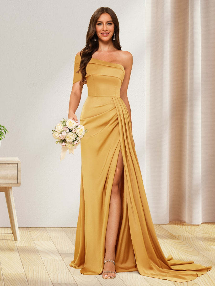 Sheath/Column One-Shoulder Long Formal Dresses with Split Side