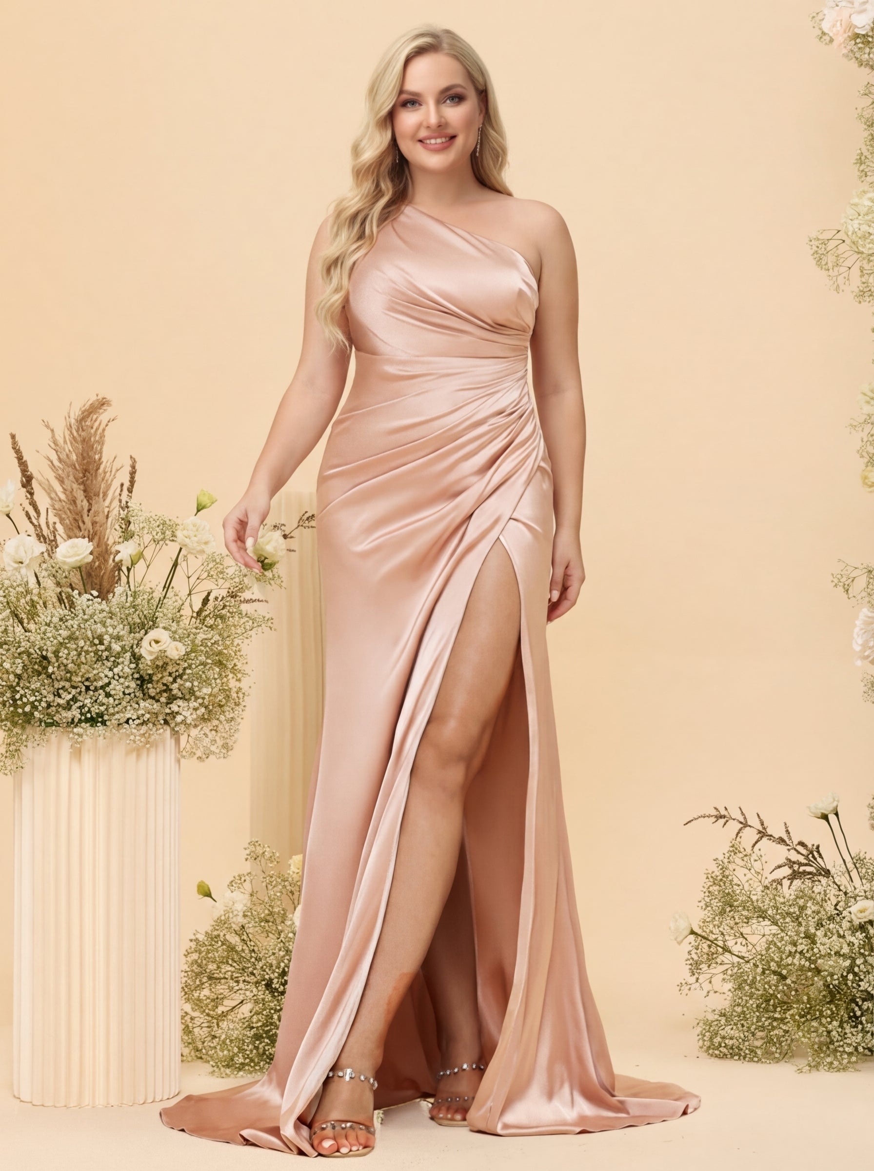 Sheath/Column One-Shoulder Long Formal Plus Size Bridesmaid Dresses with Split Side