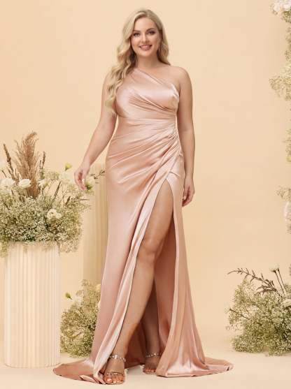Sheath/Column One-Shoulder Long Formal Plus Size Bridesmaid Dresses with Split Side