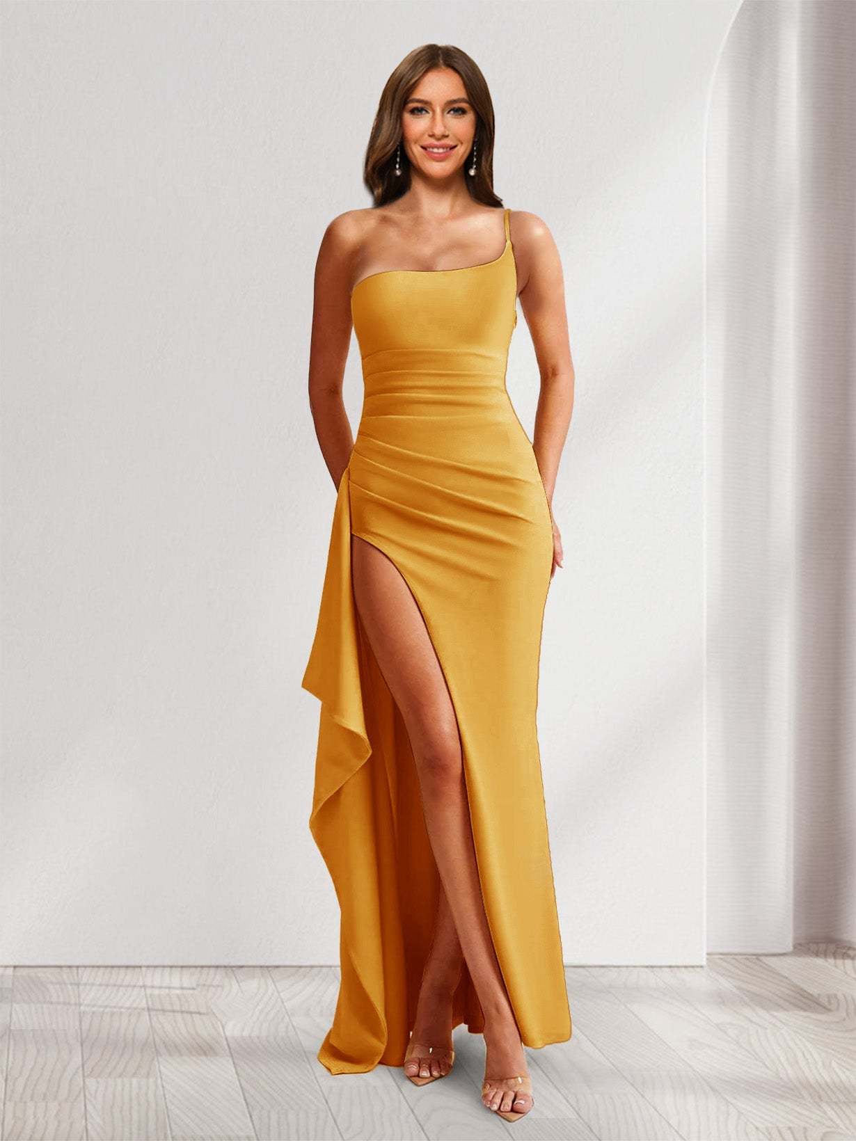 Sheath/Column One-Shoulder Pleated Ruffle Bridesmaid Dresses with Split Side