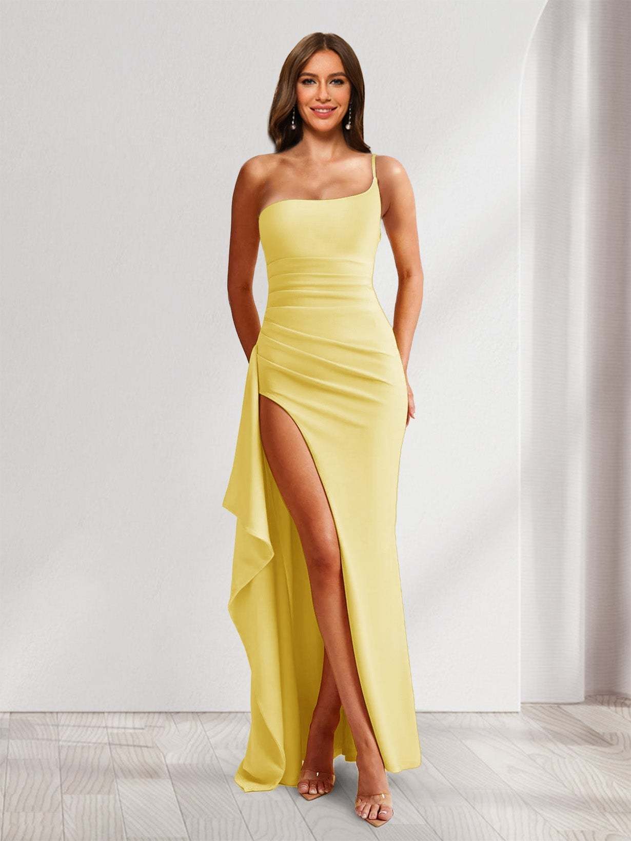 Sheath/Column One-Shoulder Pleated Ruffle Bridesmaid Dresses with Split Side