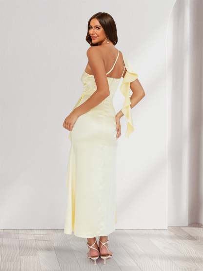 Sheath/Column One-Shoulder Ruffle Maxi Dresses Long Bridesmaid Dresses with Slit