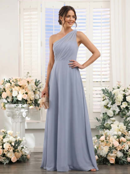 Sheath/Column One Shoulder Sleeveless Floor-Length Bridesmaid Dresses with Ruched