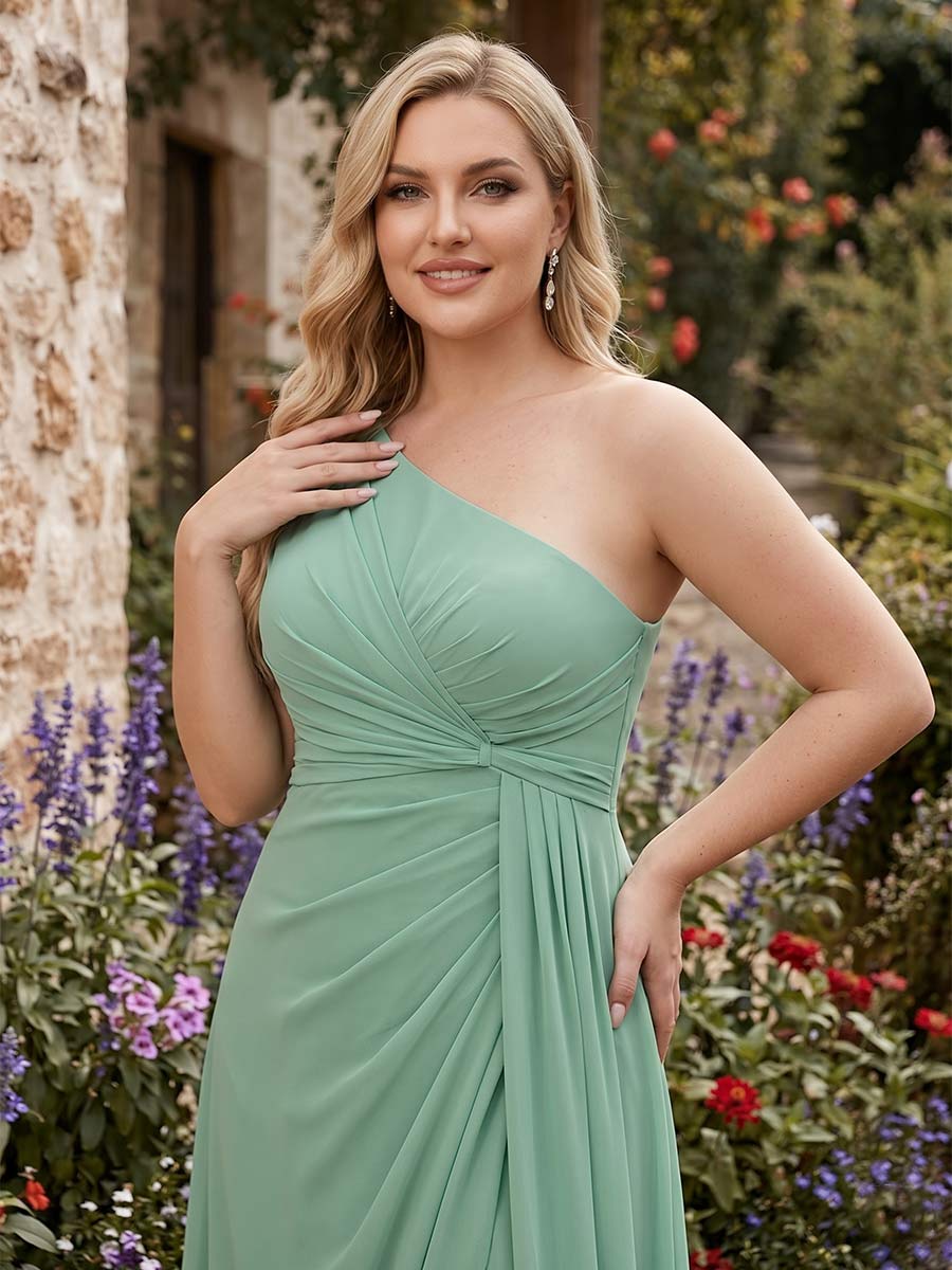 Sheath/Column One-Shoulder Sleeveless Long Ruched Plus Size Bridesmaid Dresses with Ruffles & Split Side