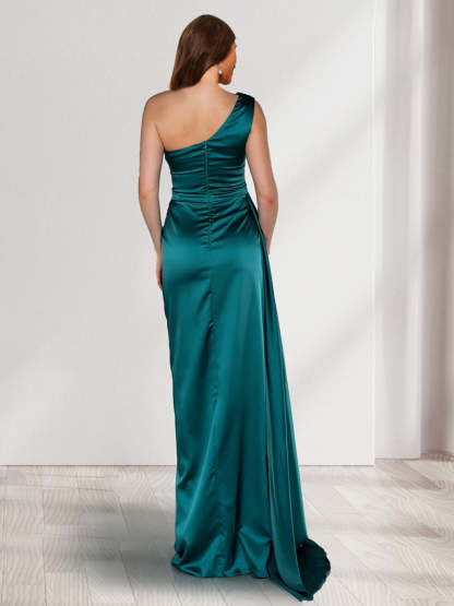 Sheath/Column One-Shoulder Sleeveless Ruched Bridesmaid Dresses with Split Side