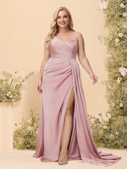 Sheath/Column One-Shoulder Sweetheart Long Formal Plus Size Dresses with Split Side