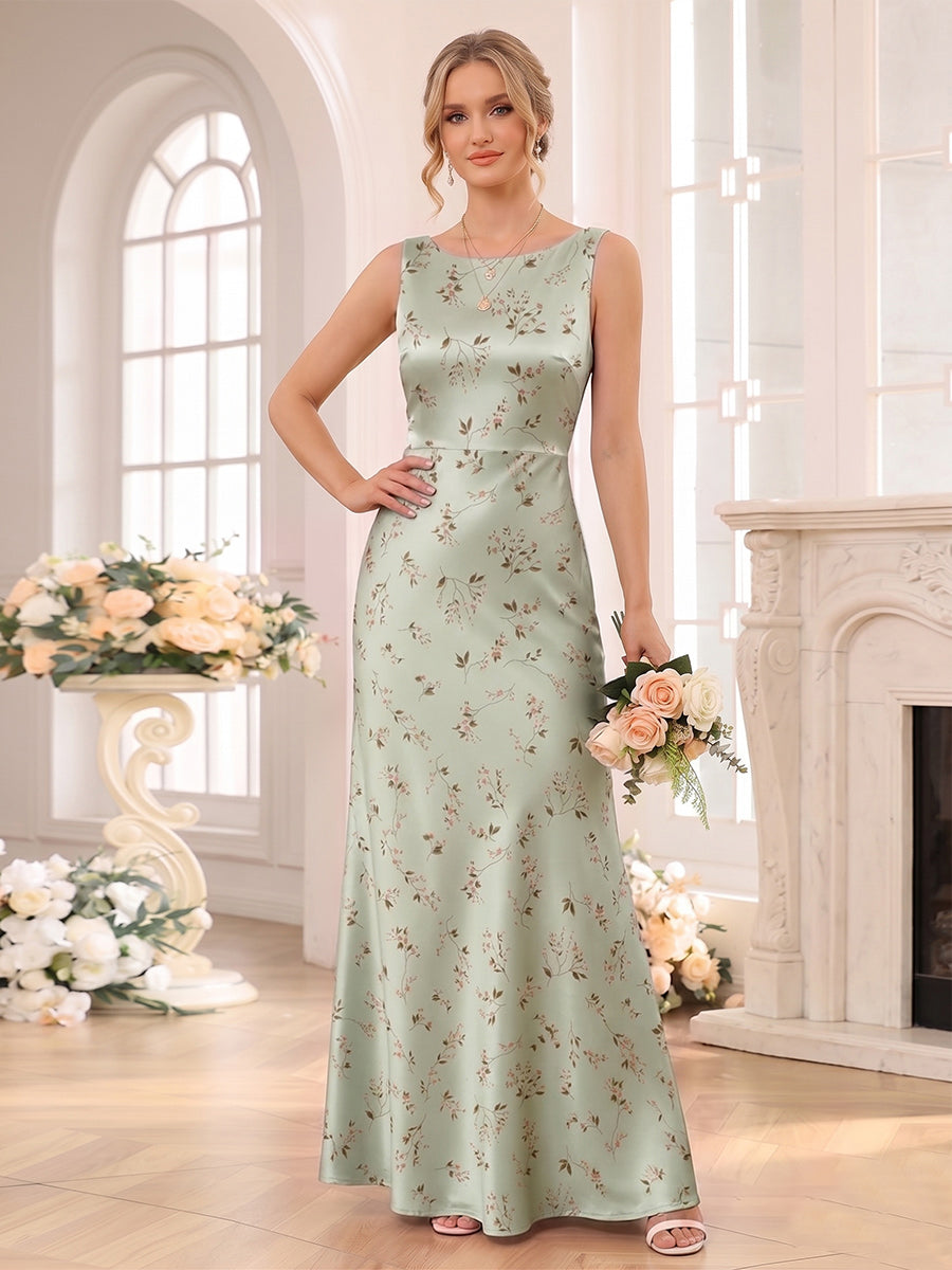 Sheath/Column Scoop Sleeveless Floor-Length Bridesmaid Dresses with Ruched