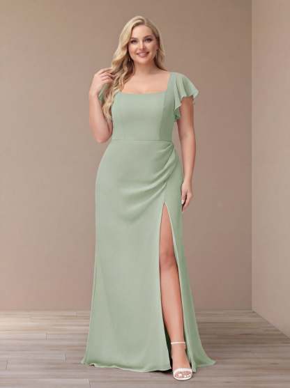 Sheath/Column Short Sleeves Chiffon Plus Size Bridesmaid Dresses with Split Side