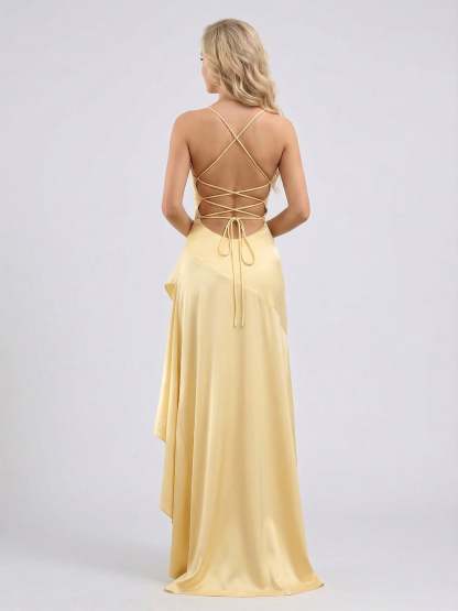 Sheath/Column Spaghetti Straps Asymmetrical Bridesmaid Dresses with Split Side & Ruffles