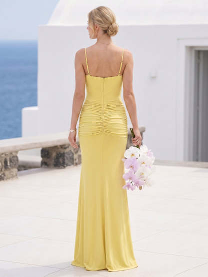 Sheath/Column Spaghetti Straps Sleeveless Long Bridesmaid Dresses with Ruffles