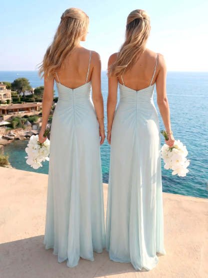 Sheath/Column Spaghetti Straps Sleeveless Long Bridesmaid Dresses with Split Side & Ruched