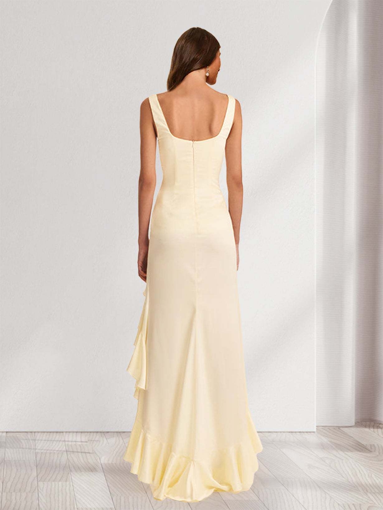 Sheath/Column Square Neck Ruched Ruffle Bridesmaid Dresses with Split Side
