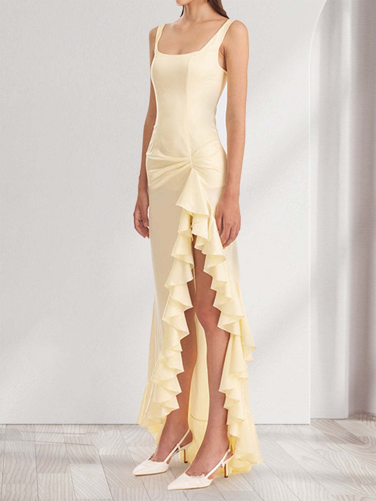 Sheath/Column Square Neck Ruched Ruffle Bridesmaid Dresses with Split Side