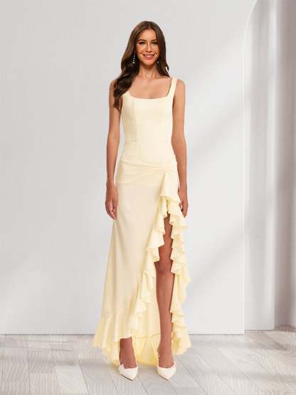 Sheath/Column Square Neck Ruched Ruffle Bridesmaid Dresses with Split Side