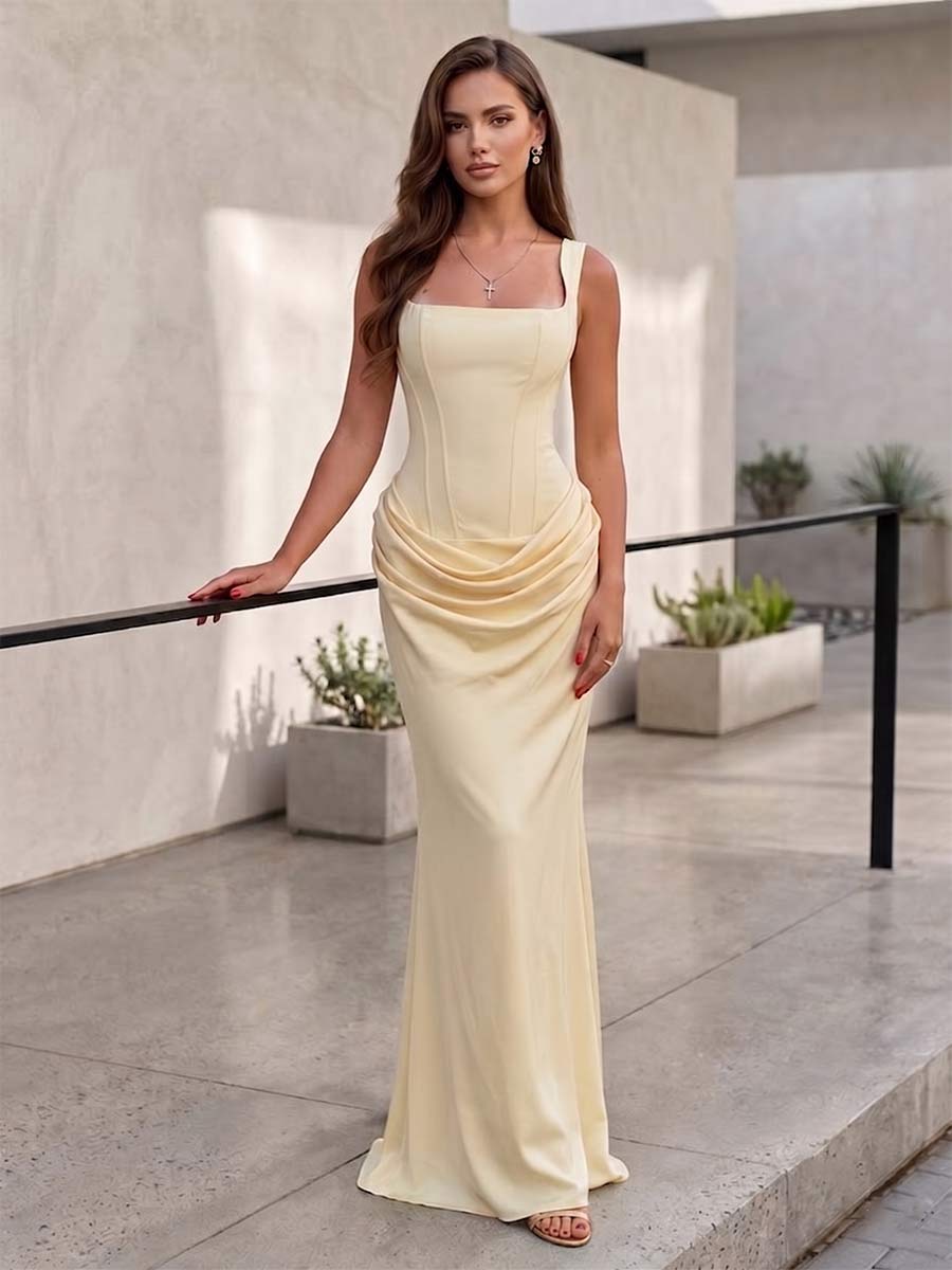 Sheath/Column Square Neck Sleeveless Floor-Length Bridesmaid Dresses with Ruched