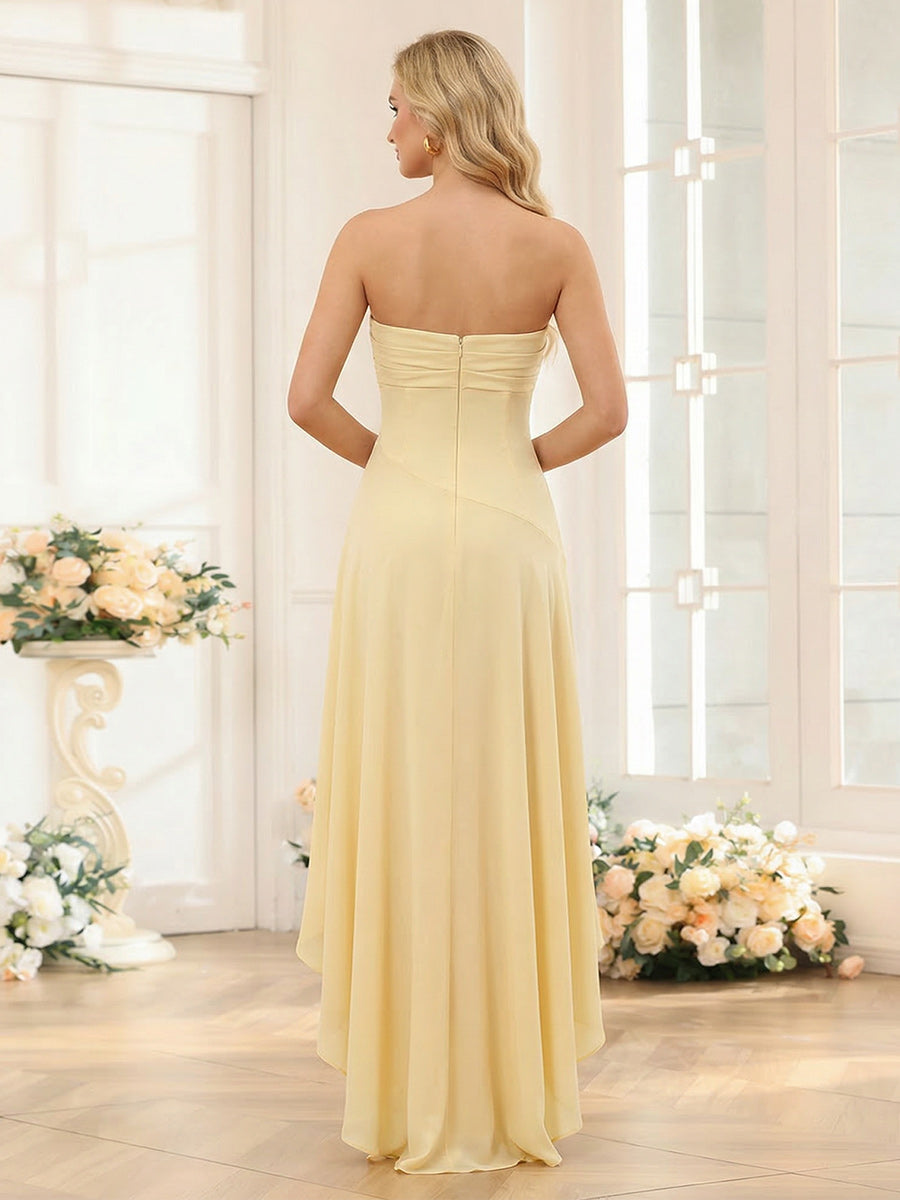 Sheath/Column Strapless Asymmetrical Bridesmaid Dresses with Split Side & Ruffles