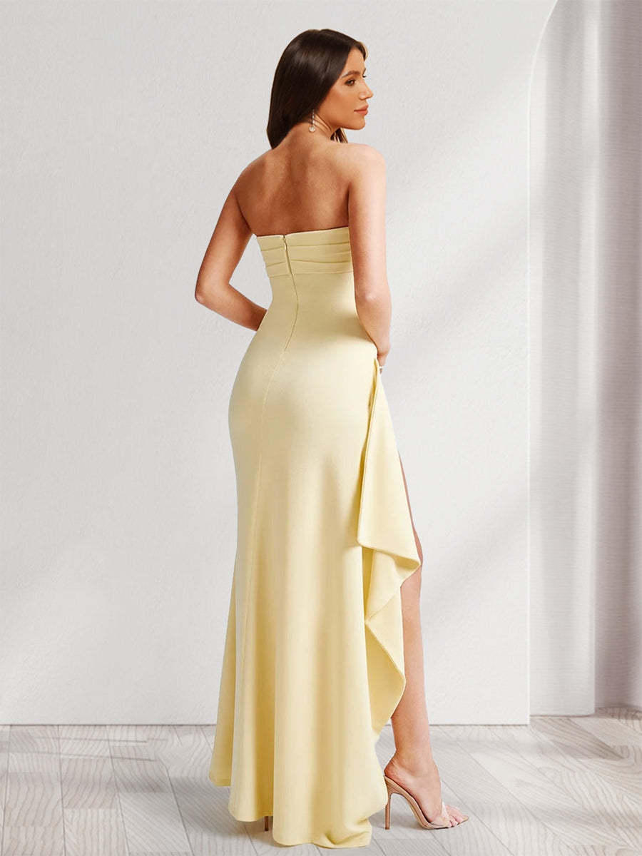 Sheath/Column Strapless Pleated Ruffle Bridesmaid Dresses with Split Side