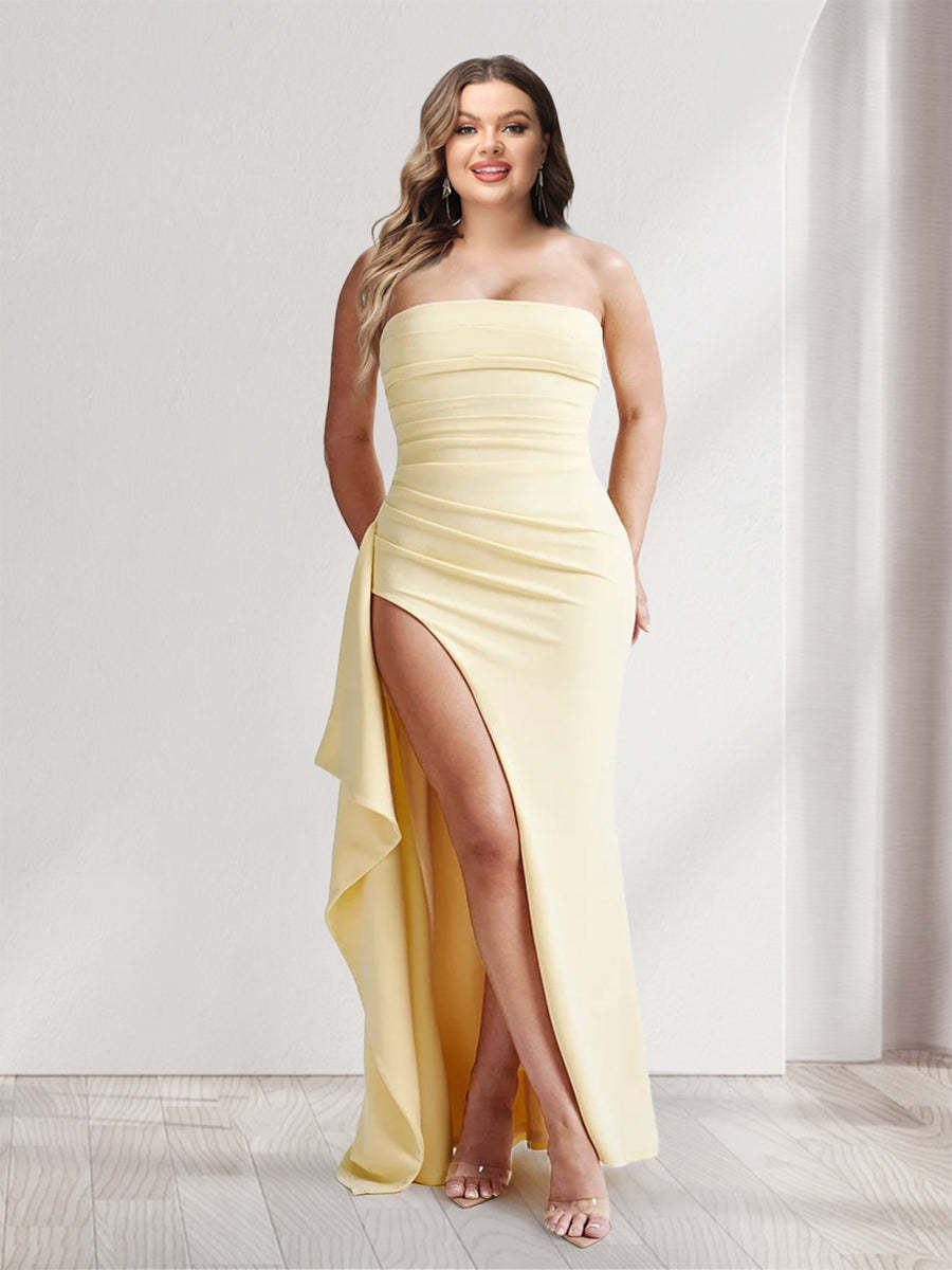 Sheath/Column Strapless Pleated Ruffle Bridesmaid Dresses with Split Side