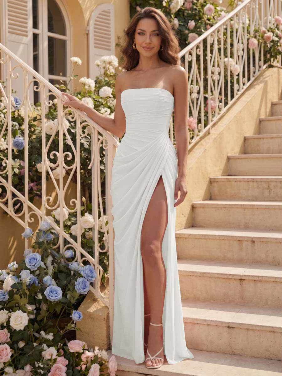 Sheath/Column Strapless Sleeveless Floor-Length Bridesmaid Dresses with Ruched & Split Side