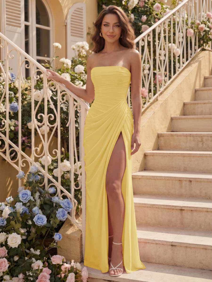 Sheath/Column Strapless Sleeveless Floor-Length Bridesmaid Dresses with Ruched & Split Side