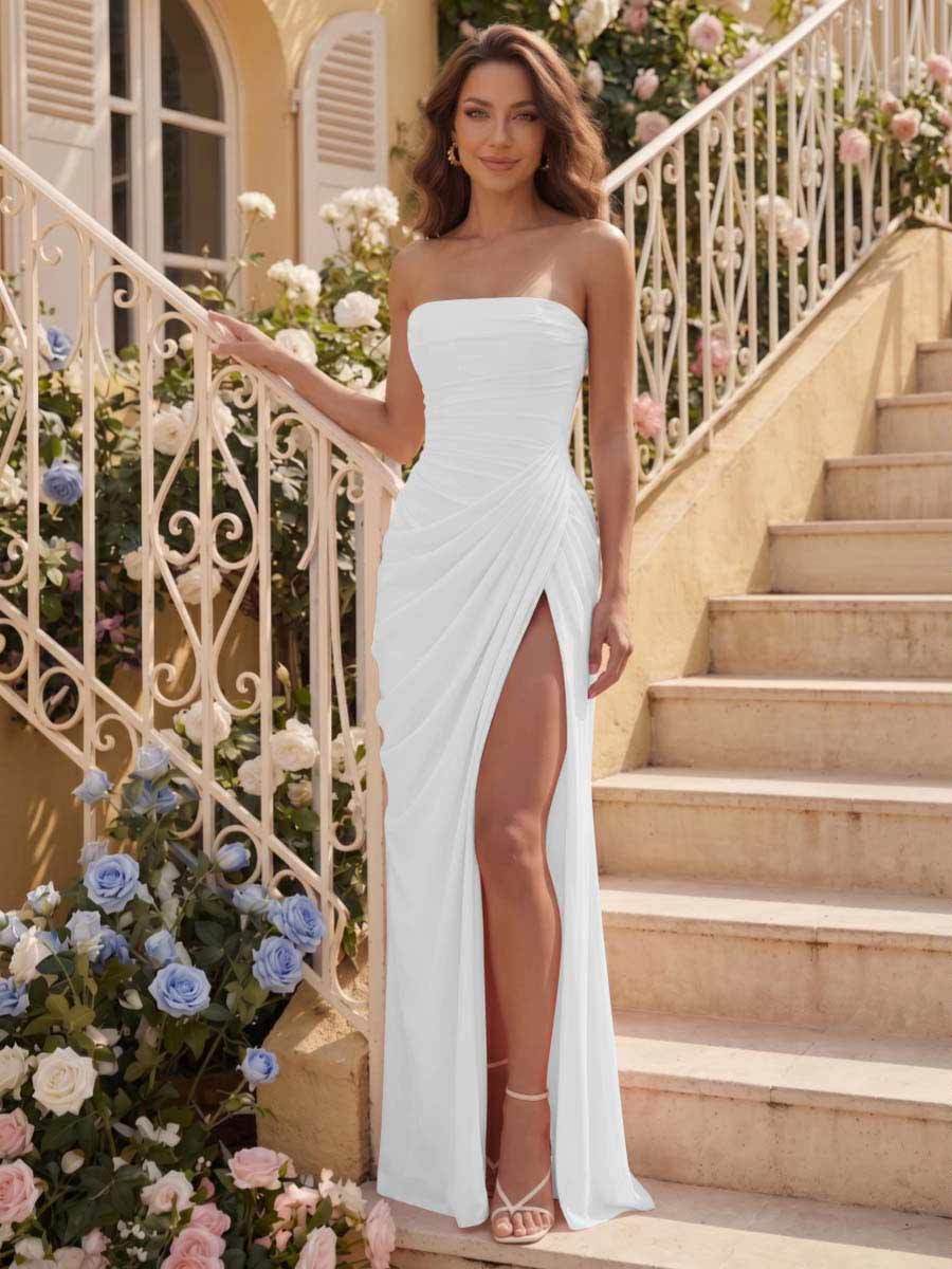 Sheath/Column Strapless Sleeveless Floor-Length Bridesmaid Dresses with Ruched & Split Side