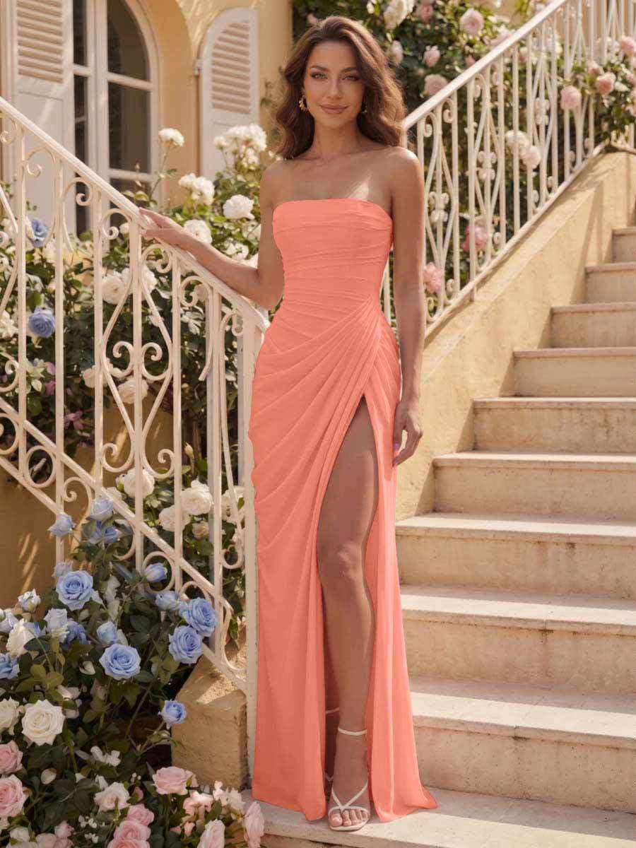 Sheath/Column Strapless Sleeveless Floor-Length Bridesmaid Dresses with Ruched & Split Side