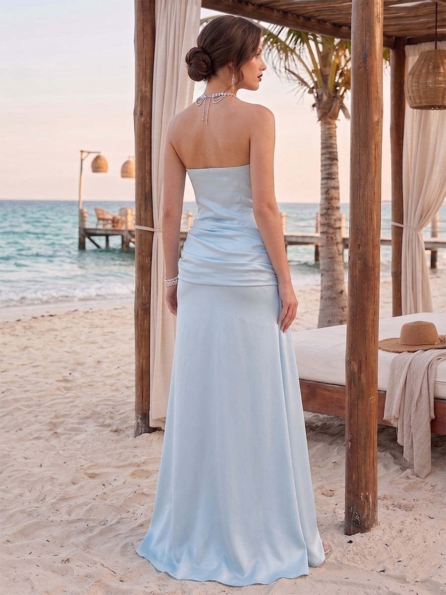 Sheath/Column Strapless Sleeveless Floor-Length Bridesmaid Dresses with Sash & Ruched