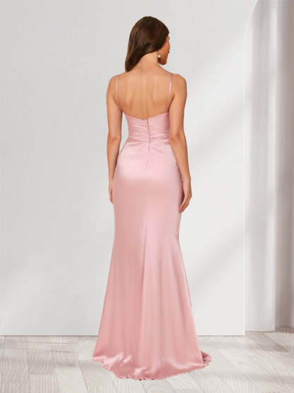 Sheath/Column Straps Cowl Neck Ruched Long Bridesmaid Dresses with Split Side