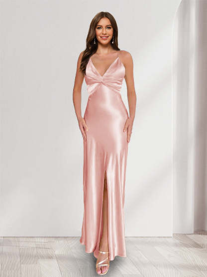 Sheath/Column Straps V-Neck Pleated Long Bridesmaid Dresses with Split Side